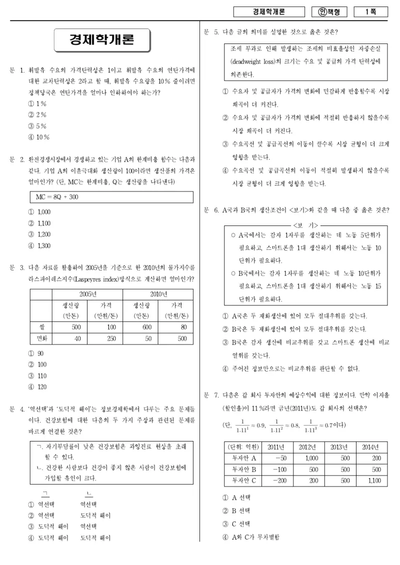 9급 국가직 경제학개론 2011년 시험지 1쪽
