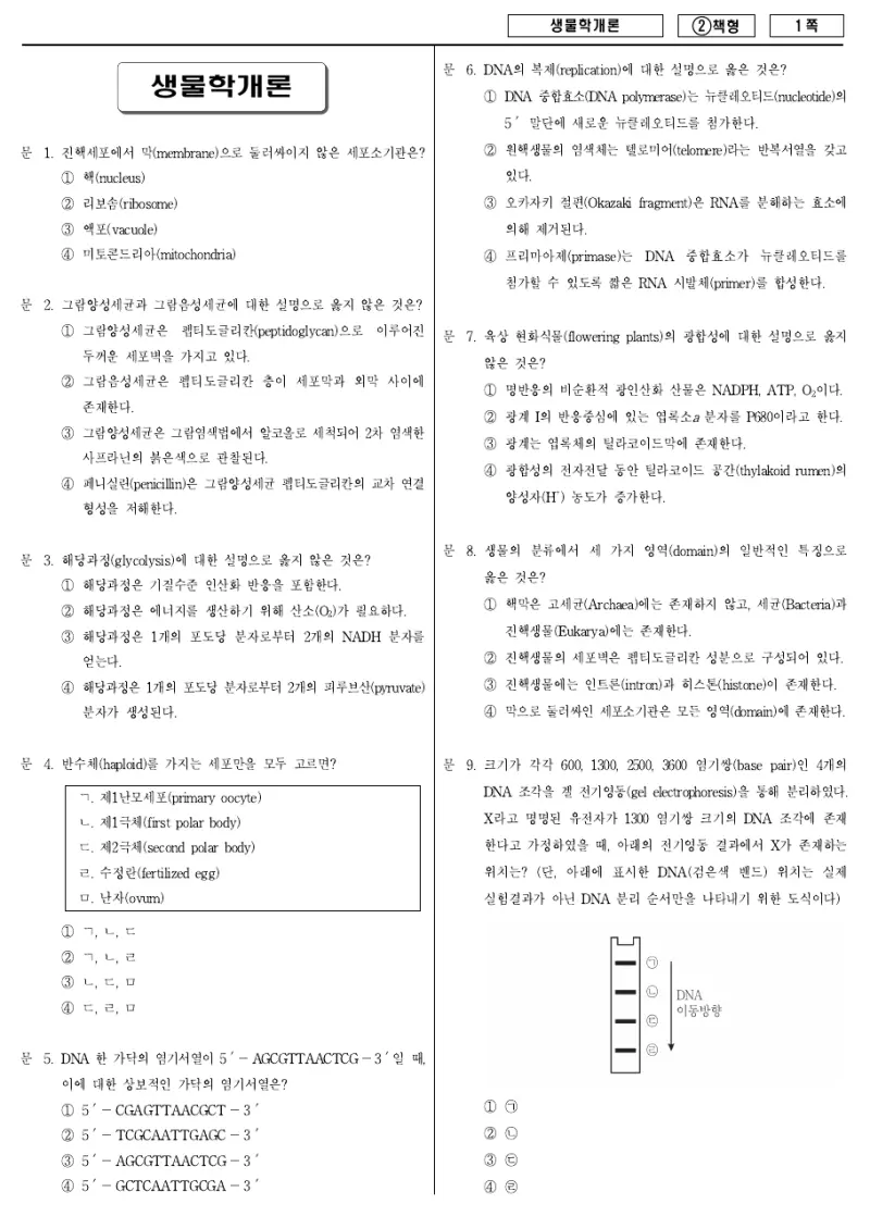7급 국가직 생물학개론 2016년 시험지 1쪽