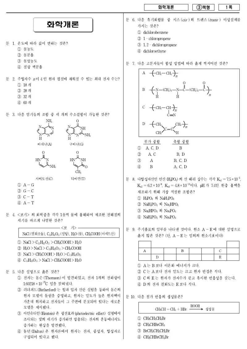 7급 국가직 화학개론 2015년 시험지 1쪽