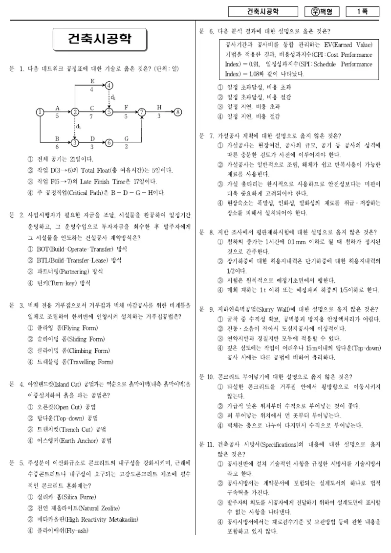 7급 국가직 건축시공학 2011년 시험지 1쪽