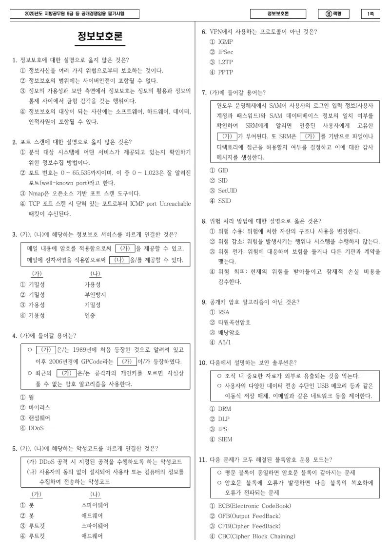 9급 지방직 정보보호론 2025년 시험지 1쪽
