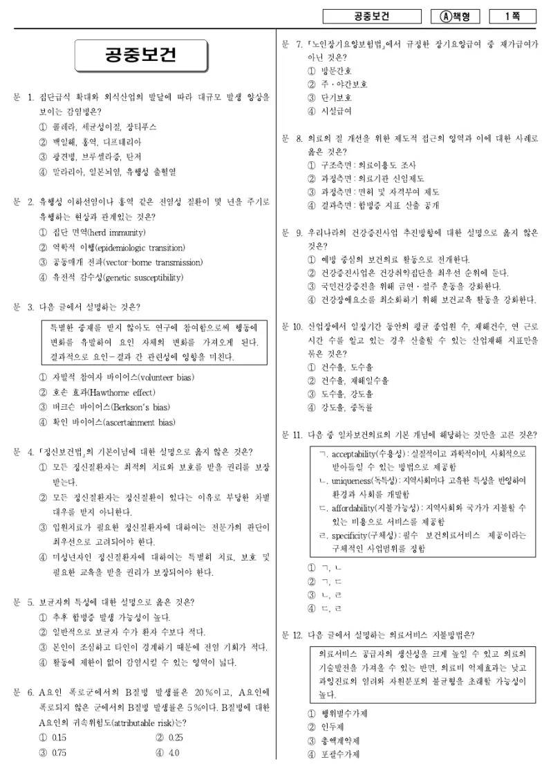 9급 지방직 공중보건 2012년 시험지 1쪽