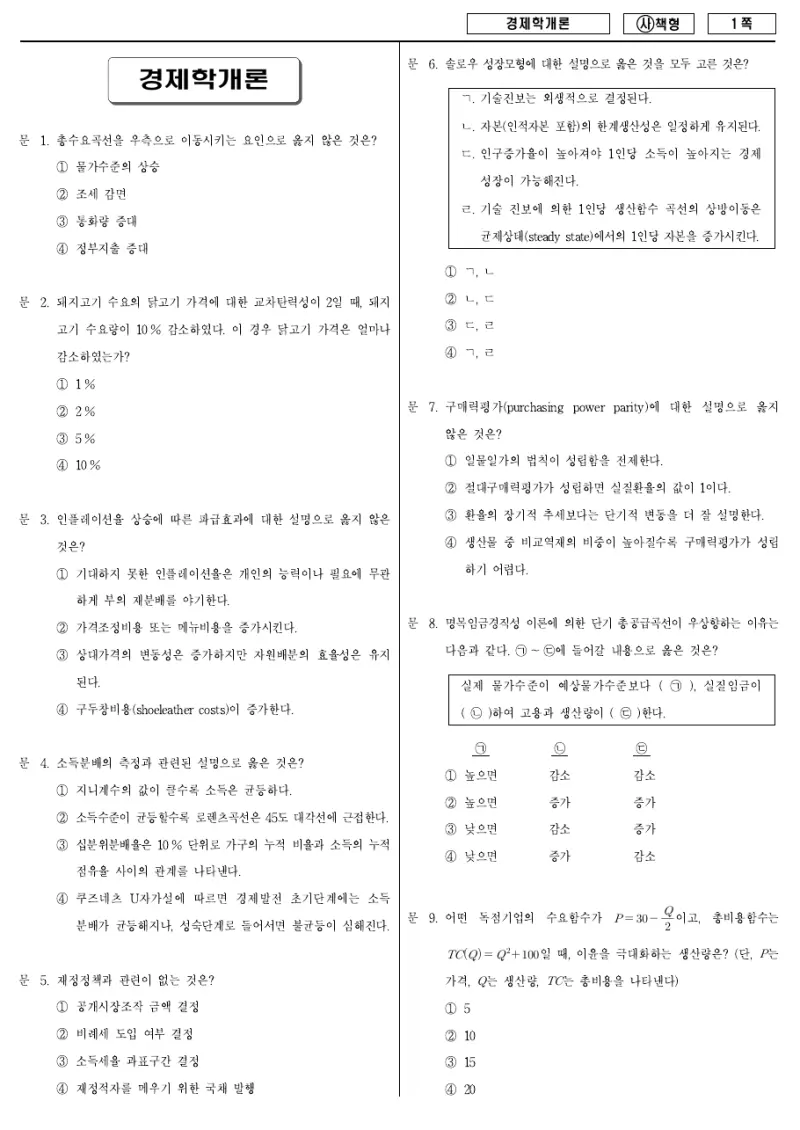 9급 국가직 경제학개론 2015년 시험지 1쪽