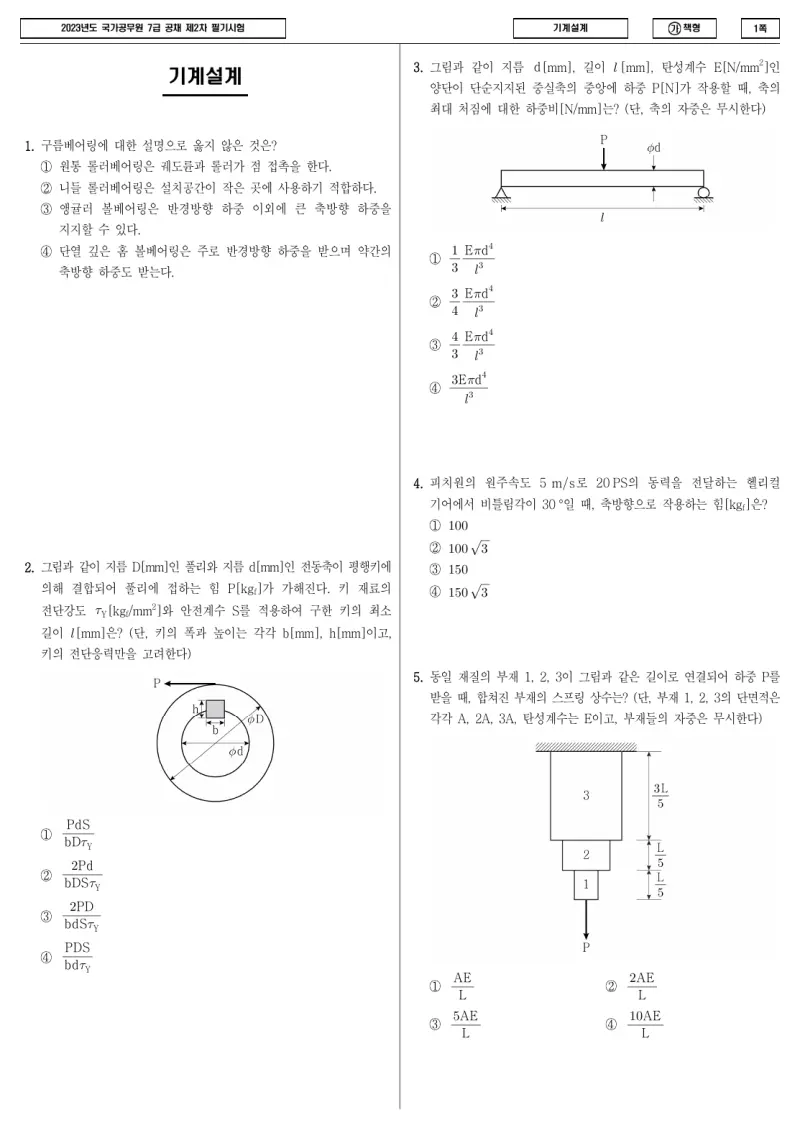 7급 국가직 기계설계 2023년 시험지 1쪽