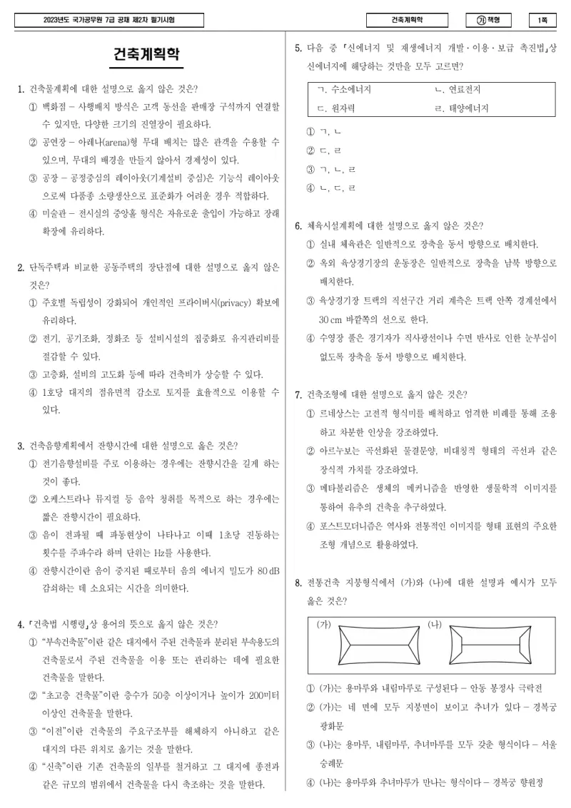 7급 국가직 건축계획학 2023년 시험지 1쪽