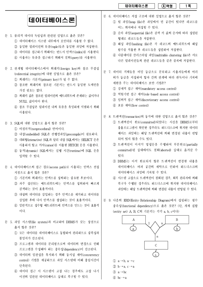 7급 국가직 데이터베이스론 2014년 시험지 1쪽