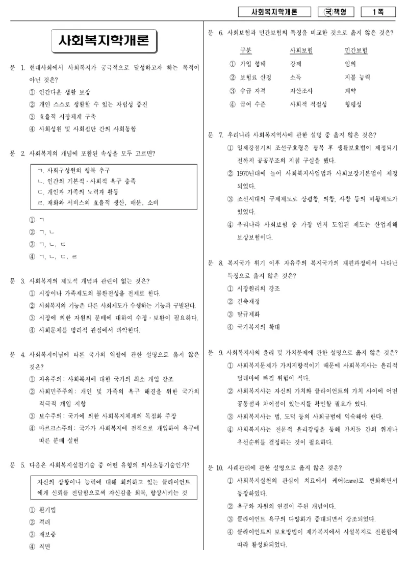 9급 국가직 사회복지학개론 2007년 시험지 1쪽