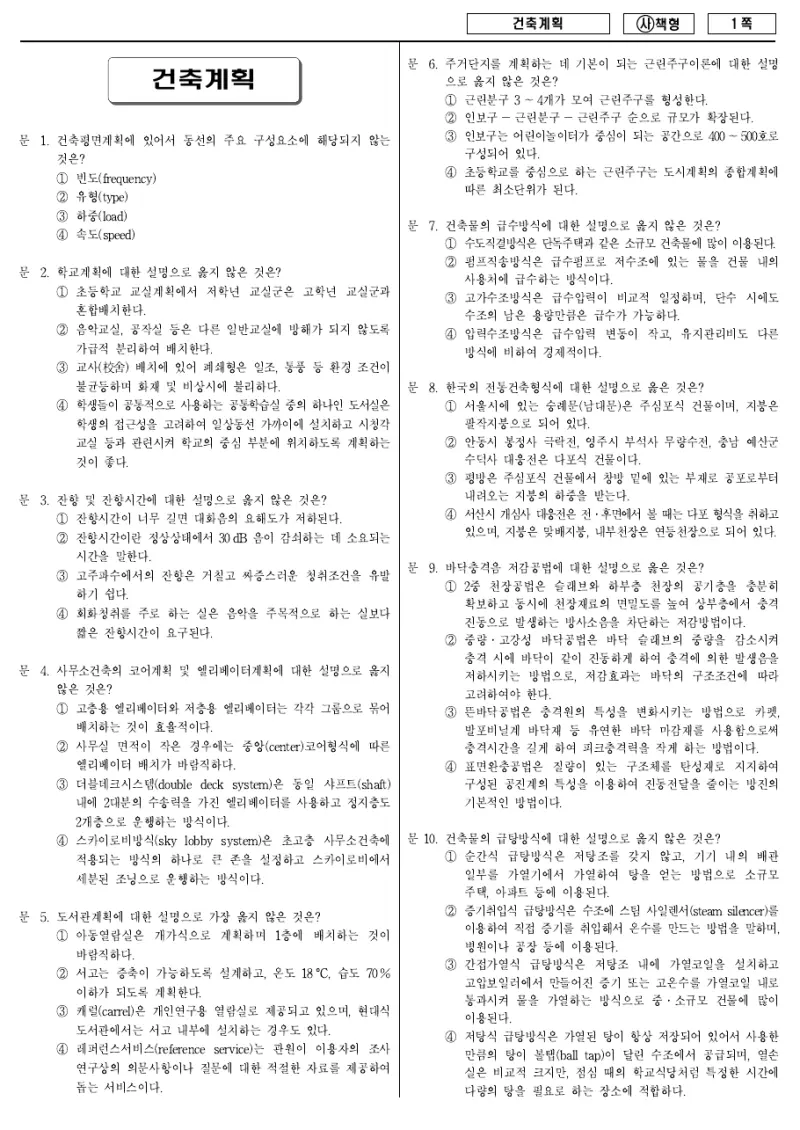 9급 국가직 건축계획 2015년 시험지 1쪽
