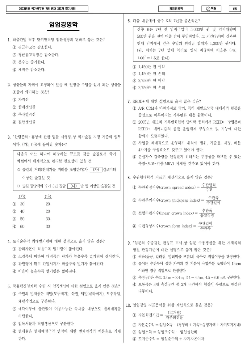 7급 국가직 임업경영학 2023년 시험지 1쪽