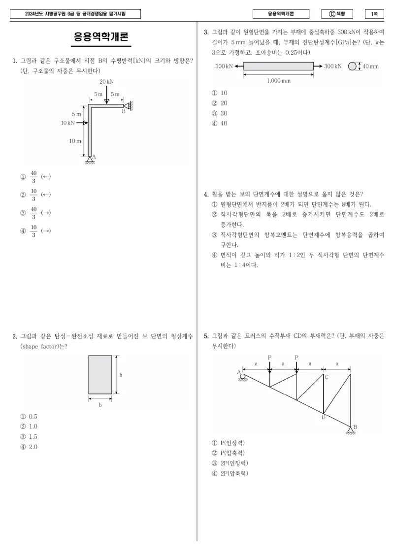 9급 지방직 응용역학개론 2024년 시험지 1쪽