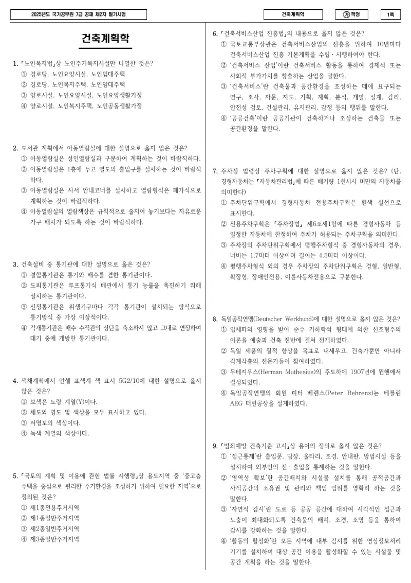 7급 국가직 건축계획학 2025년 시험지 1쪽