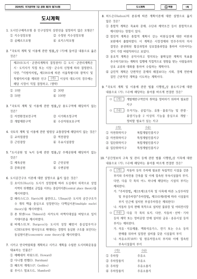 7급 국가직 도시계획 2024년 시험지 1쪽