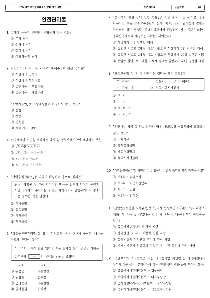 9급 국가직 안전관리론 2024년 시험지 1쪽