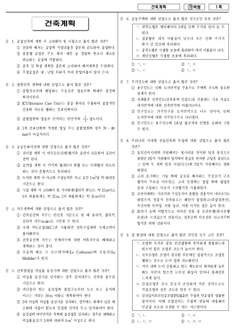 9급 국가직 건축계획 2018년 시험지 1쪽