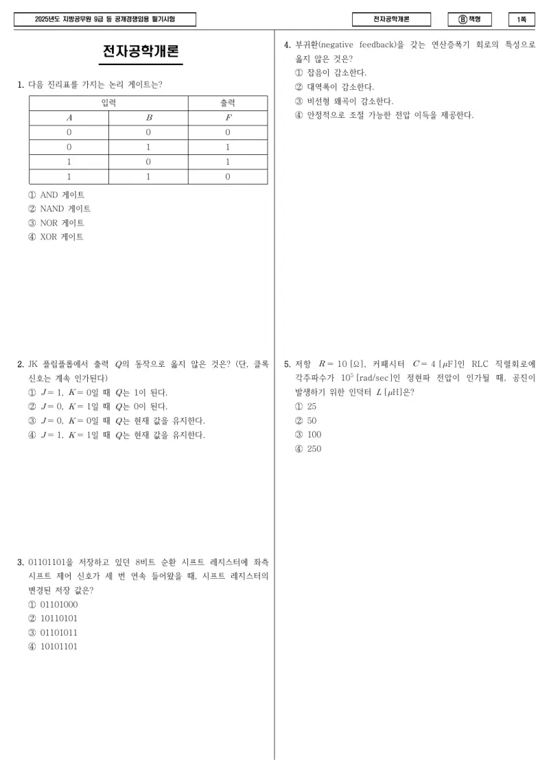 9급 지방직 전자공학개론 2025년 시험지 1쪽