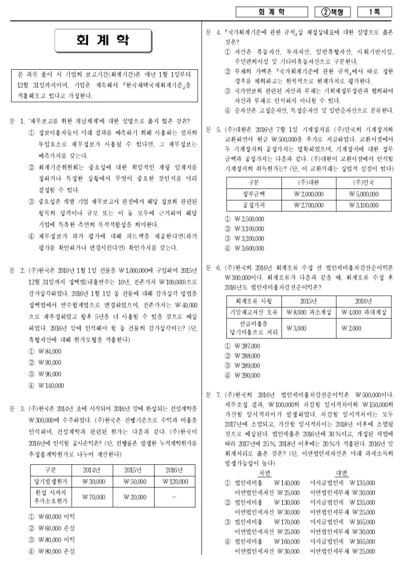 7급 국가직 회계학 2016년 시험지 1쪽