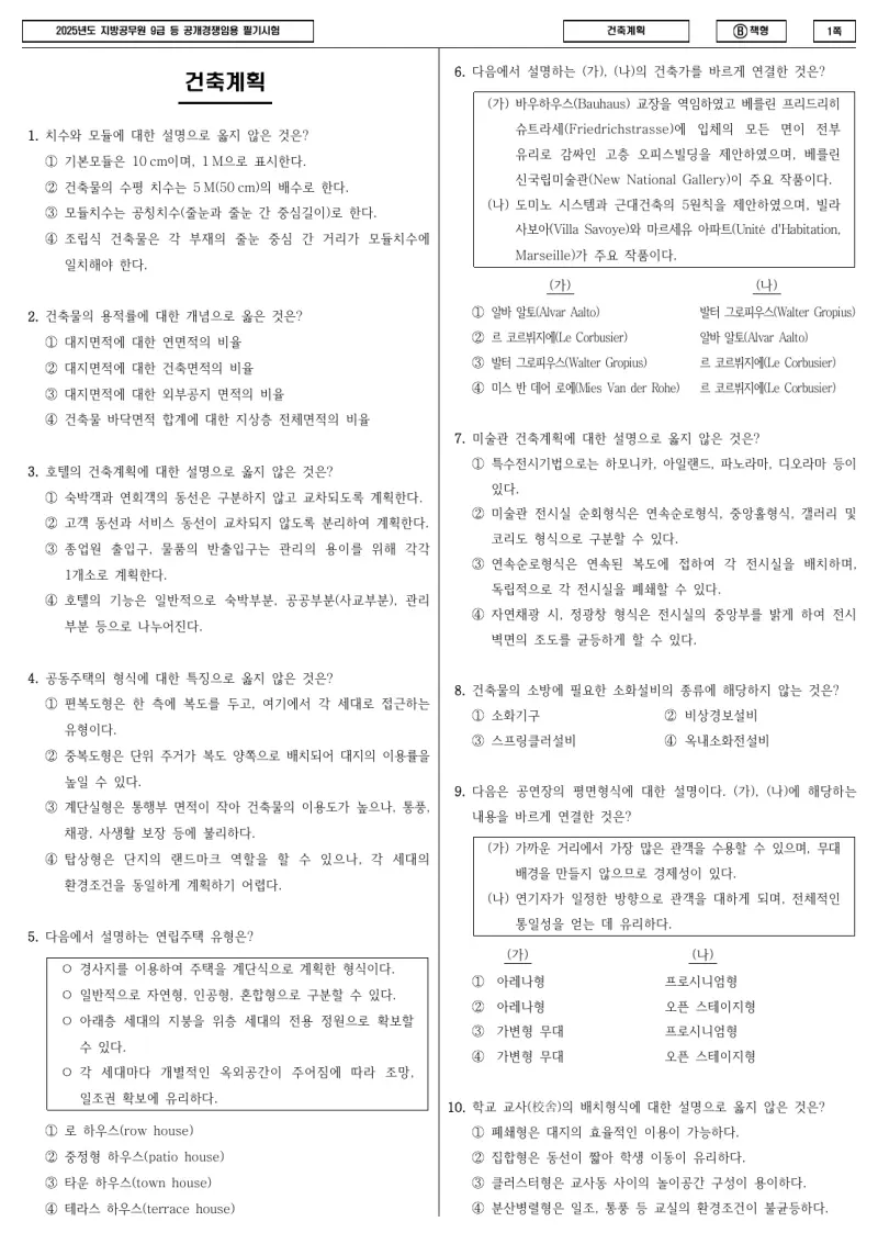 9급 지방직 건축계획 2025년 시험지 1쪽