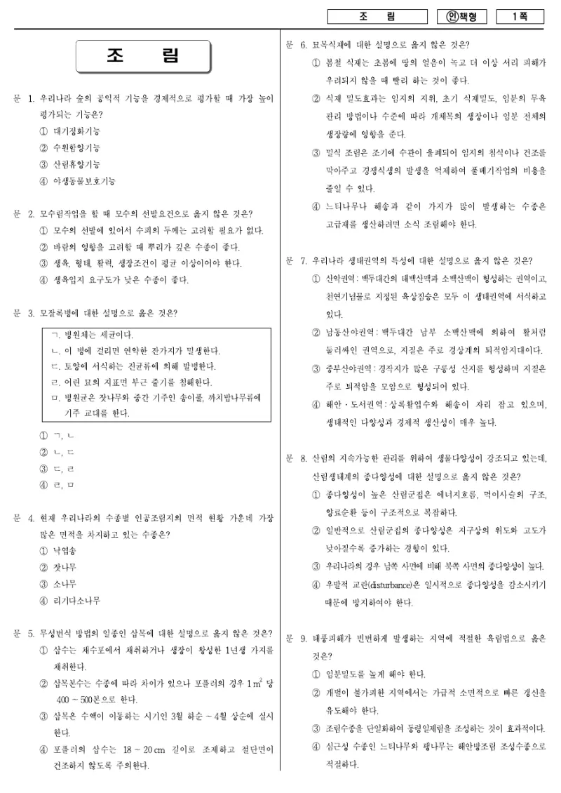9급 국가직 조림 2012년 시험지 1쪽