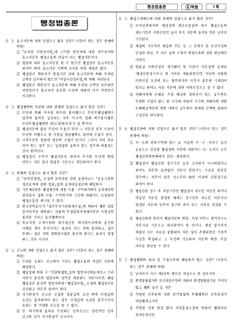 9급 지방직 행정법총론 2015년 시험지 1쪽