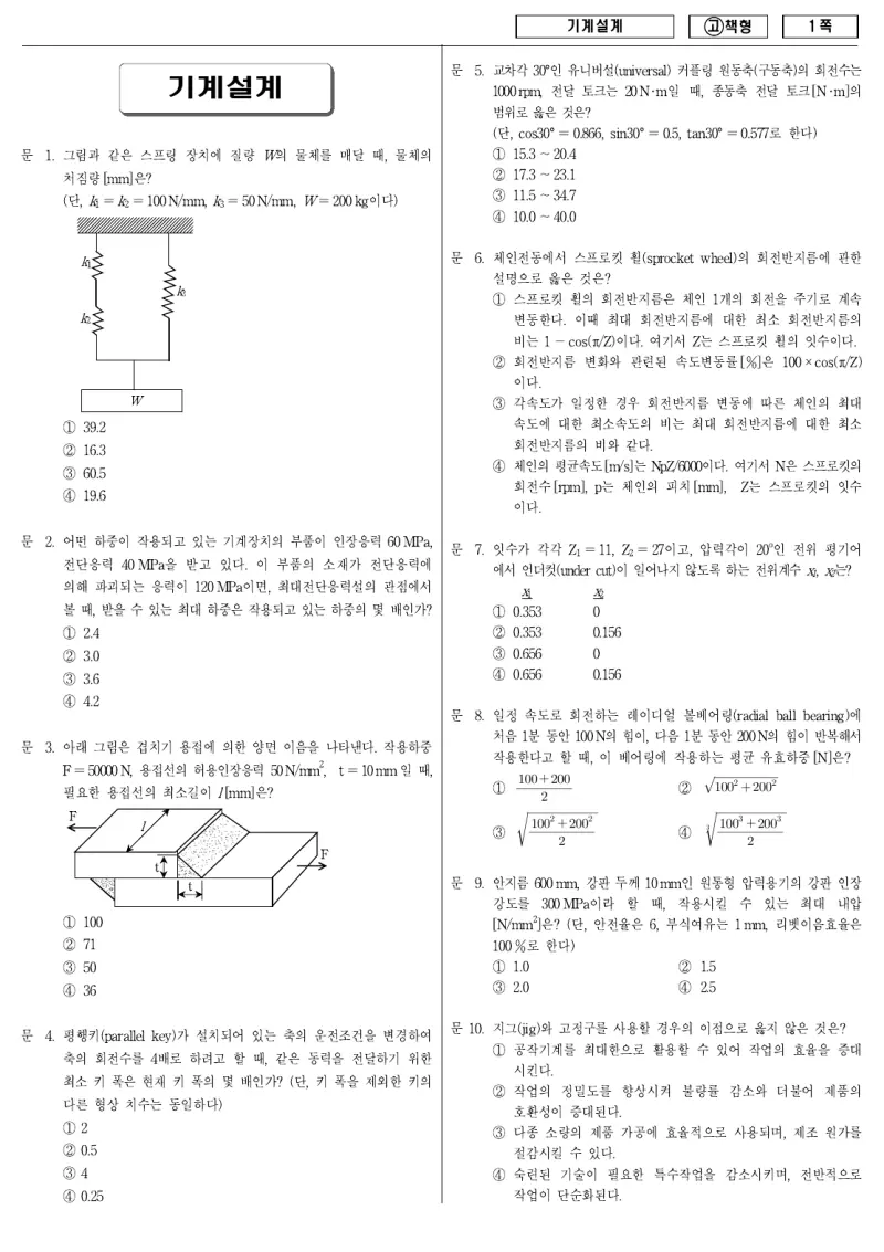 9급 국가직 기계설계 2010년 시험지 1쪽