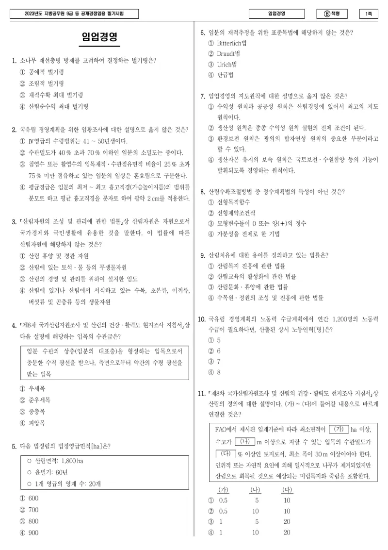 9급 지방직 임업경영 2023년 시험지 1쪽