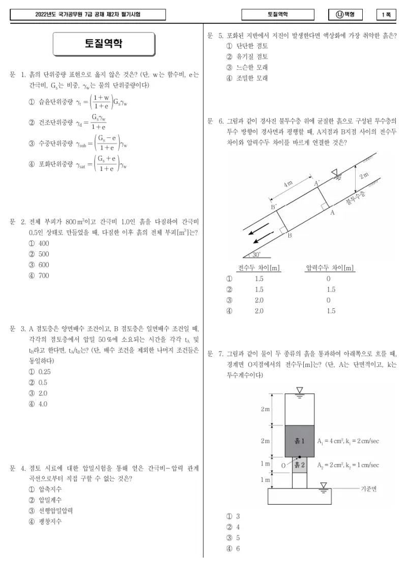 7급 국가직 토질역학 2022년 시험지 1쪽
