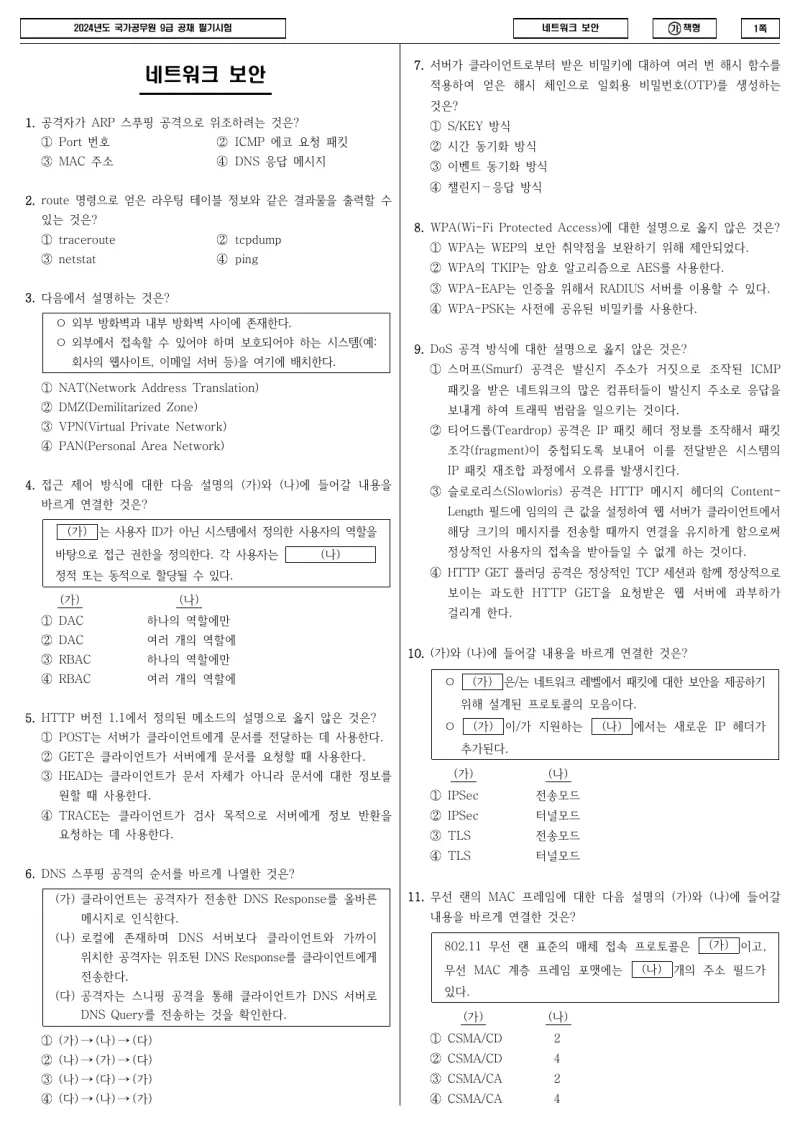 9급 국가직 네트워크 보안 2024년 시험지 1쪽