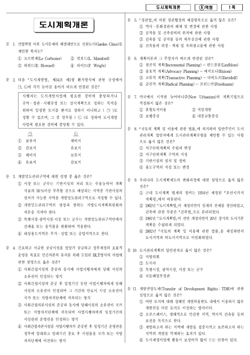 9급 지방직 도시계획개론 2009년 시험지 1쪽