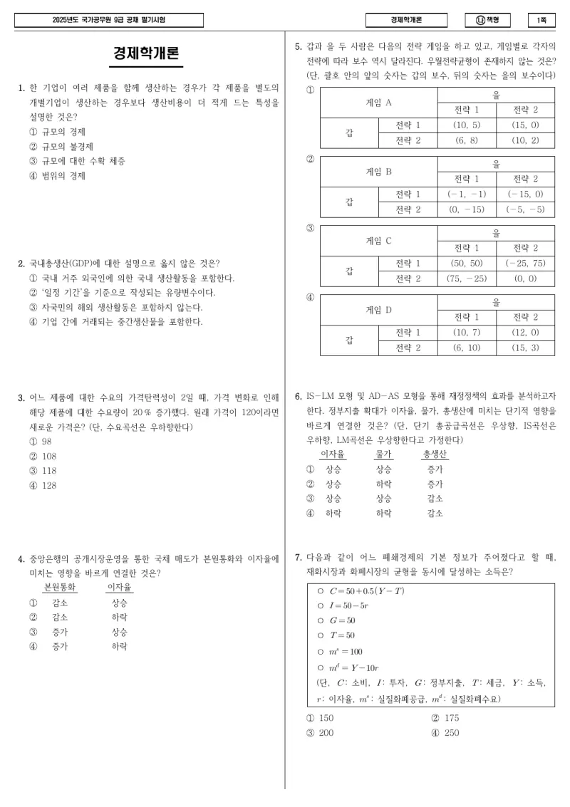 9급 국가직 경제학개론 2025년 시험지 1쪽