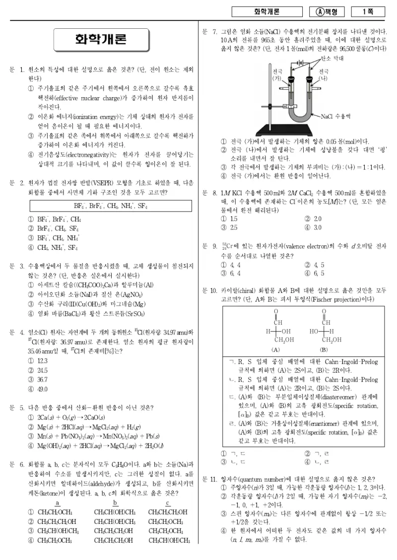 7급 국가직 화학개론 2014년 시험지 1쪽