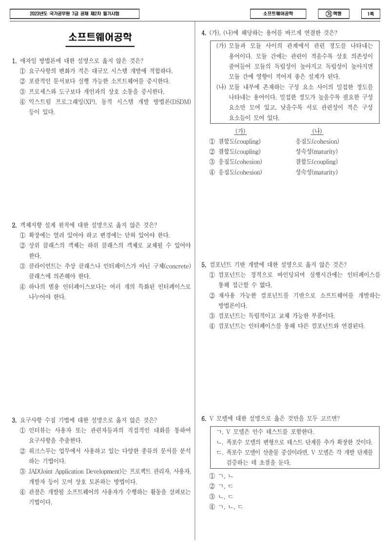 7급 국가직 소프트웨어공학 2023년 시험지 1쪽