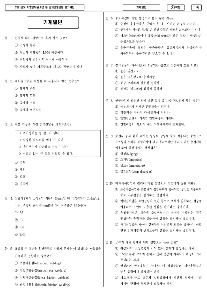 9급 지방직 기계일반 2021년 시험지 1쪽
