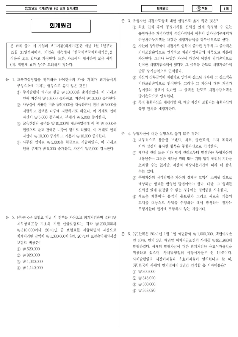 9급 국가직 회계원리 2022년 시험지 1쪽
