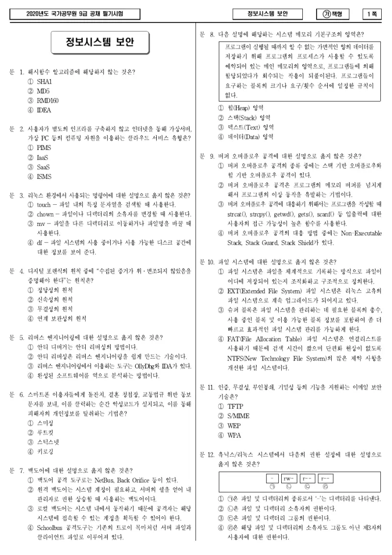 9급 국가직 정보시스템 보안 2020년 시험지 1쪽