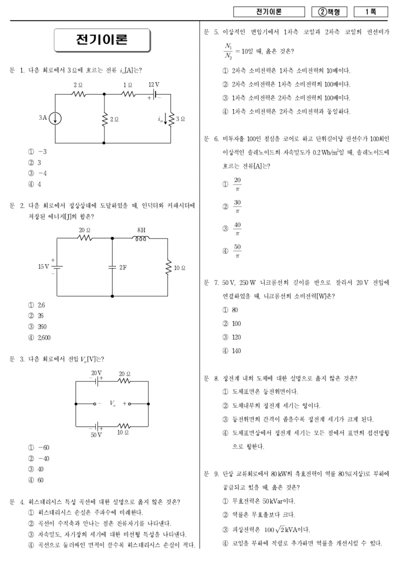 9급 국가직 전기이론 2016년 시험지 1쪽