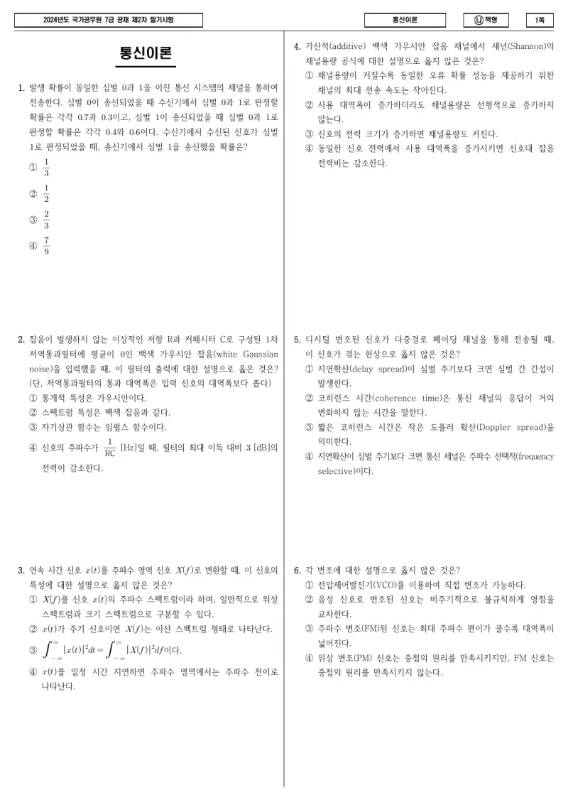 7급 국가직 통신이론 2024년 시험지 1쪽