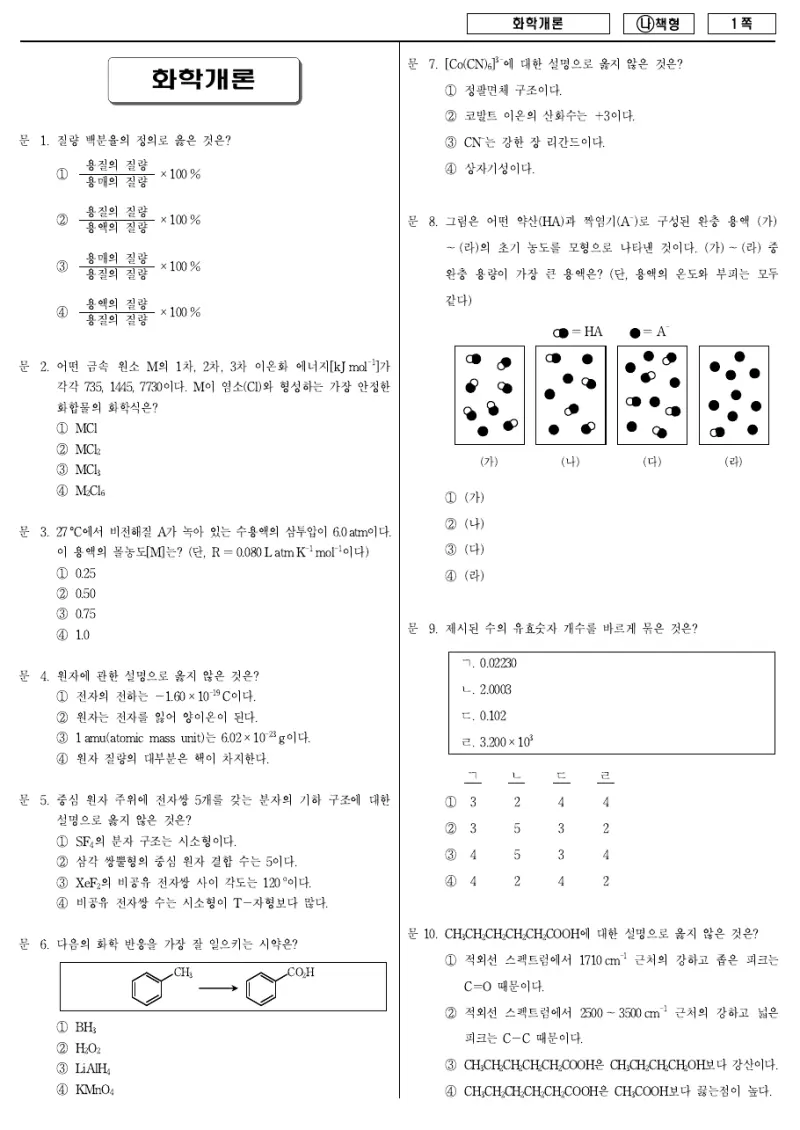 7급 국가직 화학개론 2018년 시험지 1쪽