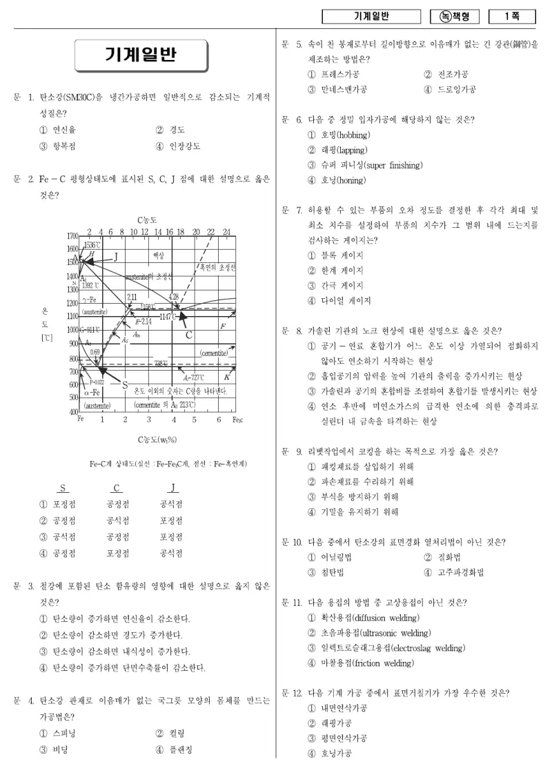 9급 국가직 기계일반 2009년 시험지 1쪽