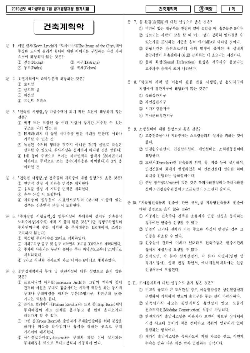 7급 국가직 건축계획학 2019년 시험지 1쪽