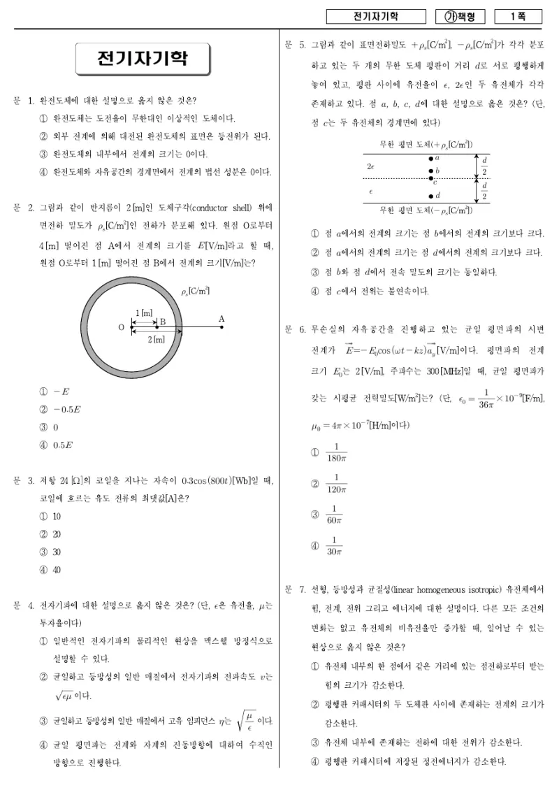 7급 국가직 전기자기학 2017년 시험지 1쪽