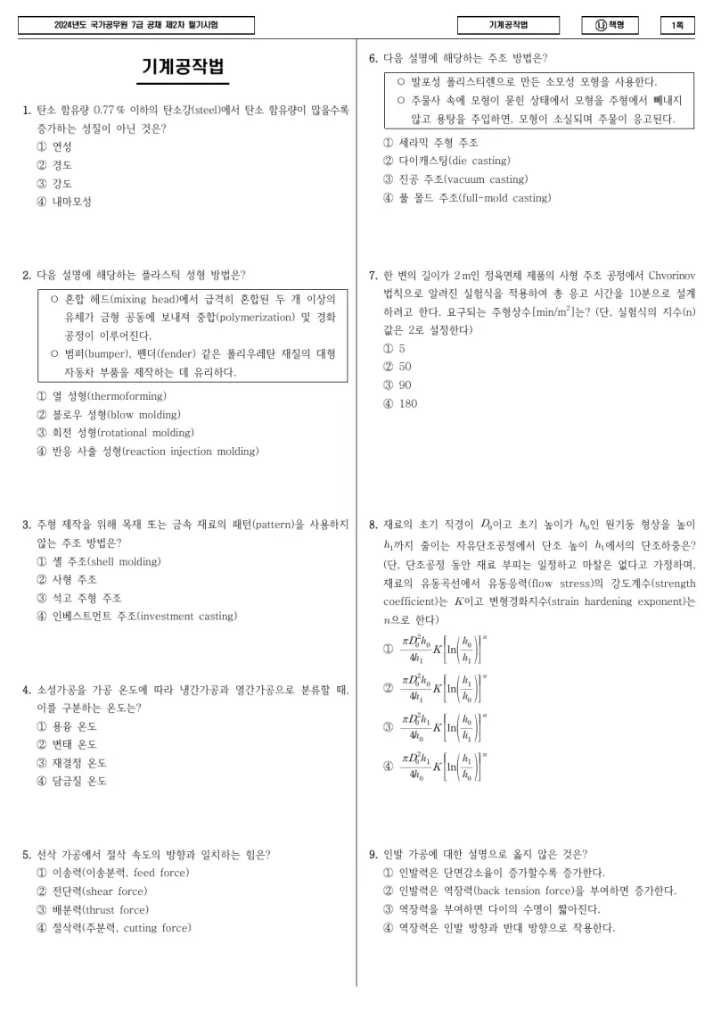 7급 국가직 기계공작법 2024년 시험지 1쪽