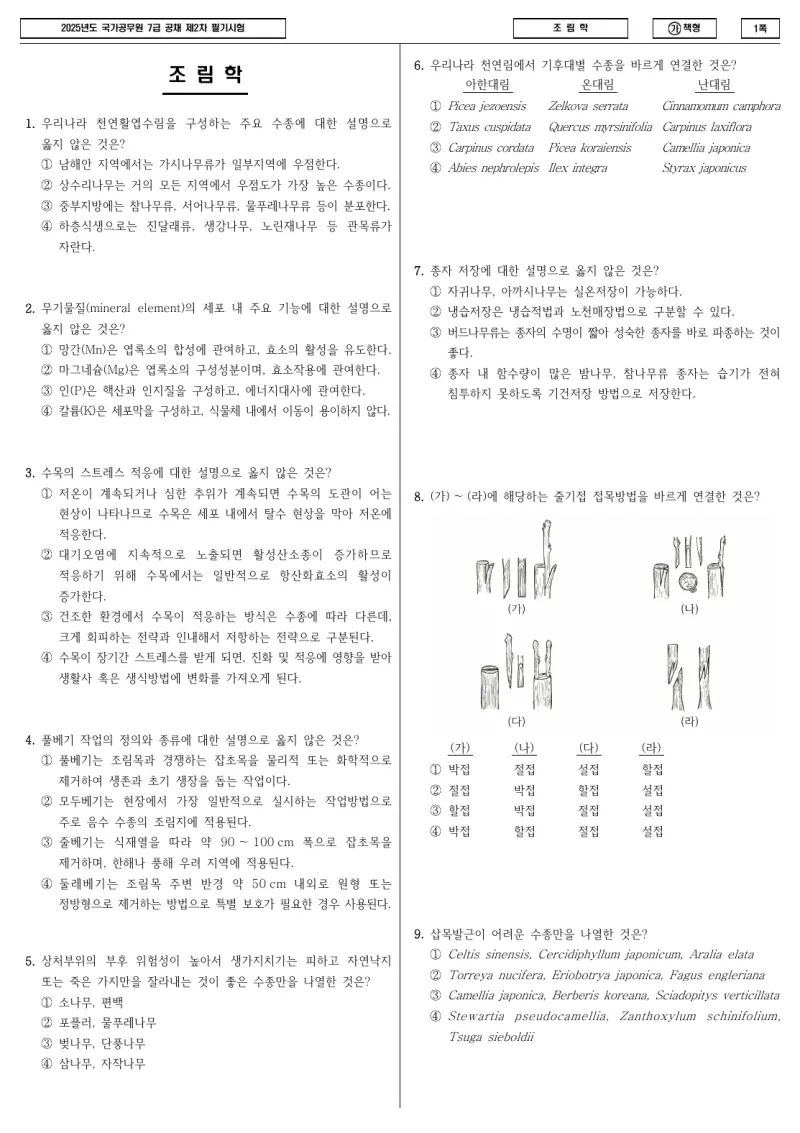 7급 국가직 조림학 2025년 시험지 1쪽