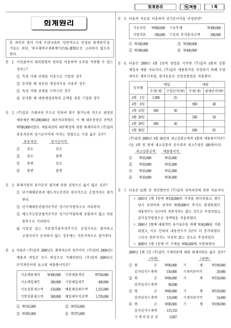 9급 국가직 회계원리 2009년 시험지 1쪽
