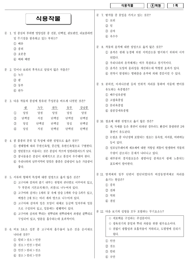 9급 지방직 식용작물 2010년 시험지 1쪽