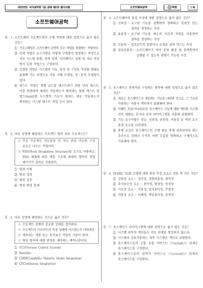 7급 국가직 소프트웨어공학 2022년 시험지 1쪽