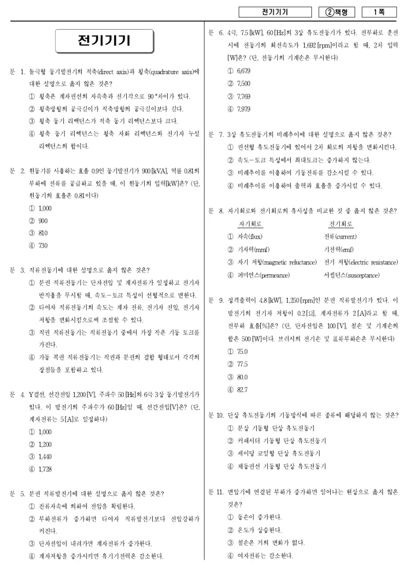 9급 국가직 전기기기 2016년 시험지 1쪽