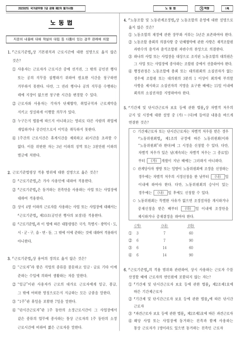 7급 국가직 노동법 2023년 시험지 1쪽