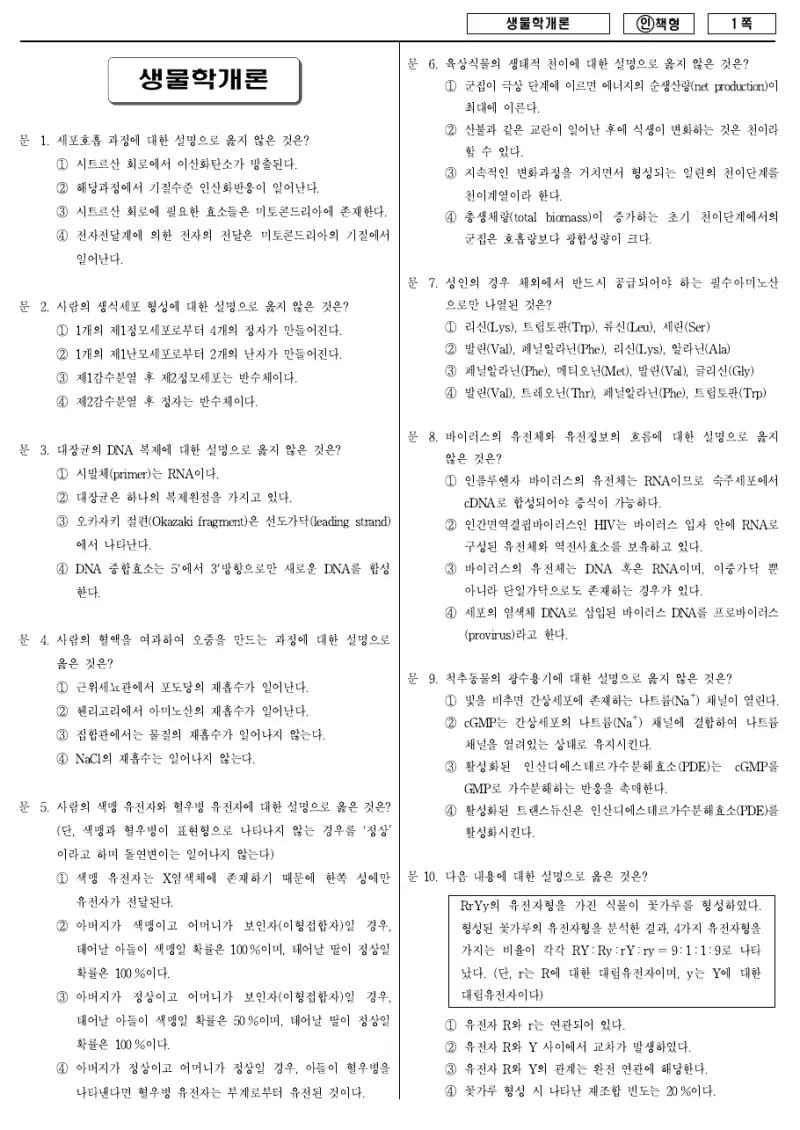 7급 국가직 생물학개론 2012년 시험지 1쪽