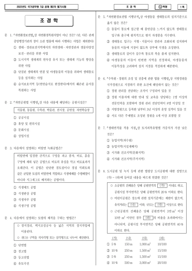 7급 국가직 조경학 2022년 시험지 1쪽