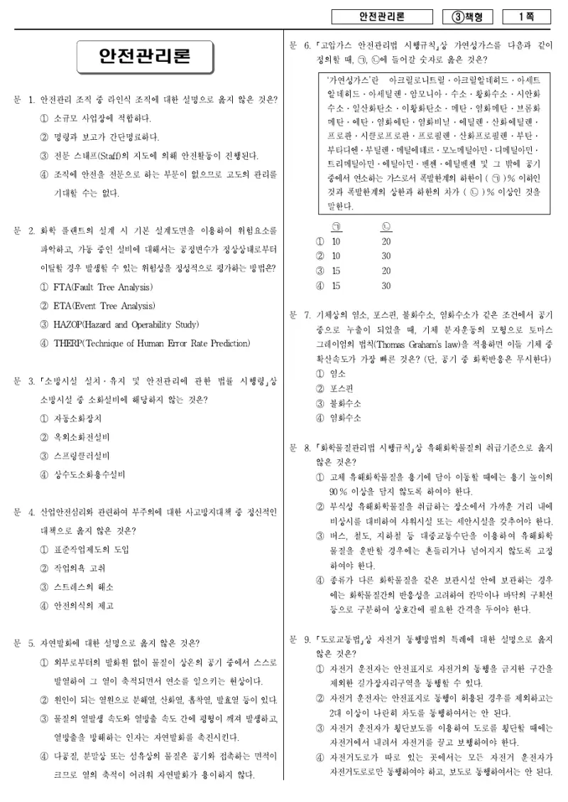 7급 국가직 안전관리론 2015년 시험지 1쪽